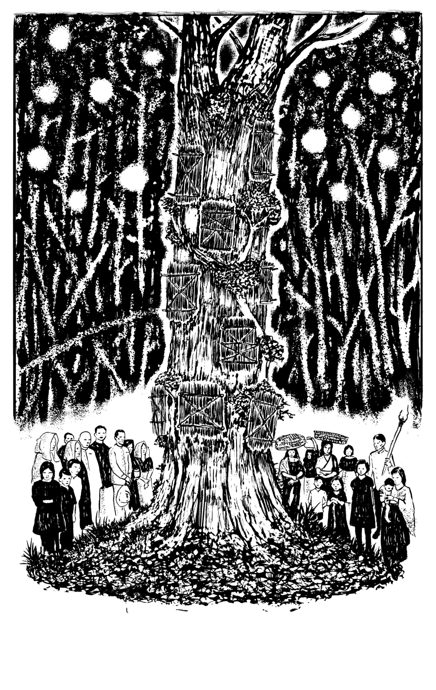 An illustration of an old tree with graves dug into its trunk and a crowd gathered around it.