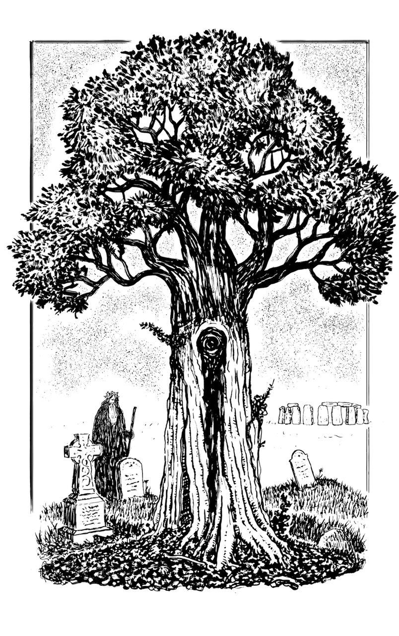 A graphical illustration of tree with an eye in its trunk in a graveyard with an elderly appearing man in the background.