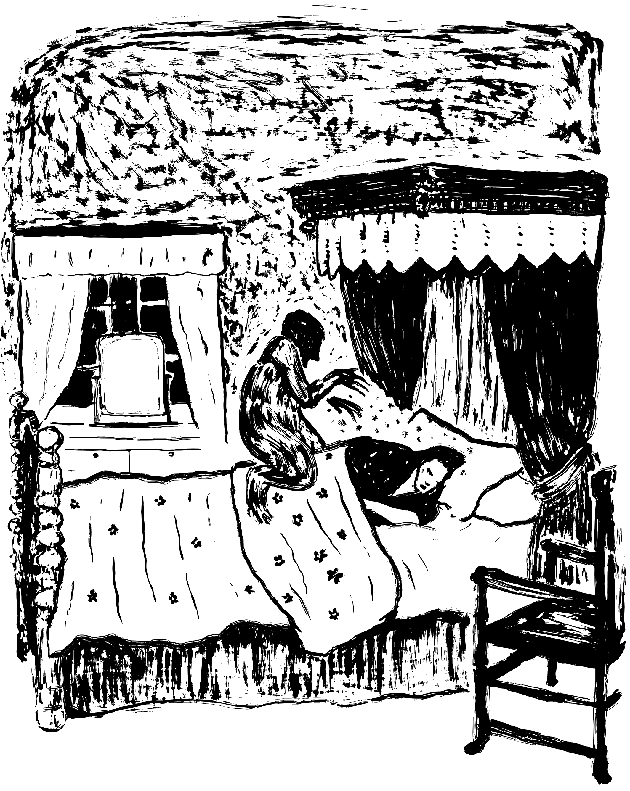 A graphical illustration of a mare approaching a sleeping person on a bed in a bedroom.